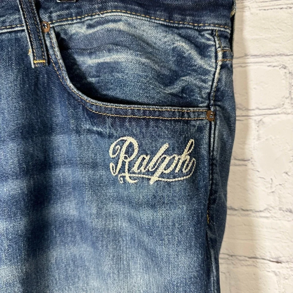 NEW Polo Ralph Lauren Varick Slim Straight Jeans Mens 48x32 Blue Graphic Patch